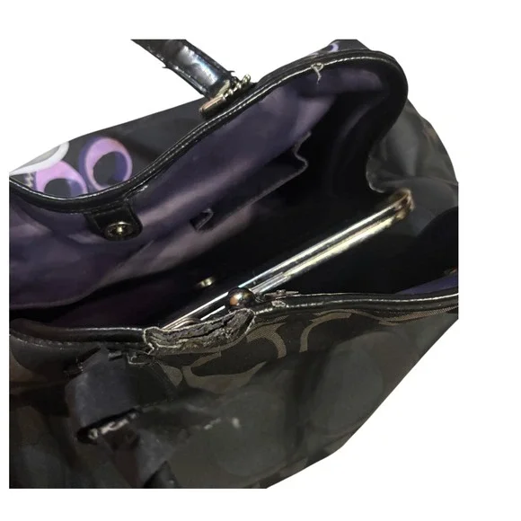 Coach Optic C Signature C Applique Poppy Glam Kisslock Tote Bag Black Purple - Picture 8 of 11